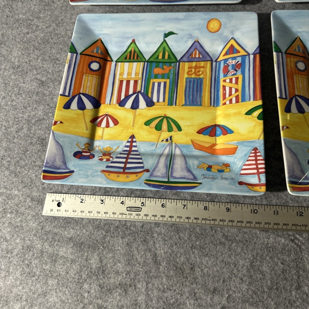 Melamine Sq Plate Set 4 Beach Scene Christopher Vine Plastic Dinner Nautical - Picture 3 of 11